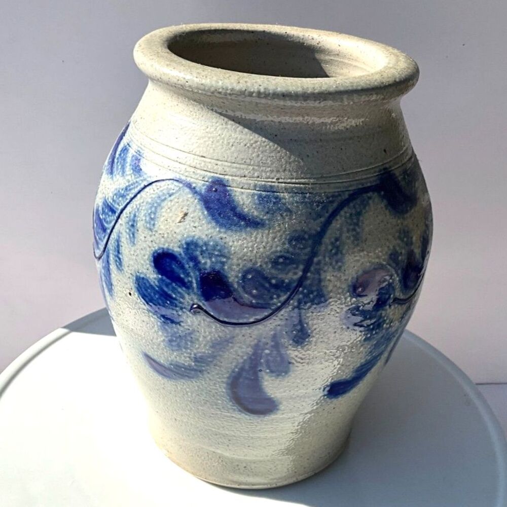 Vintage signed Stoneware Jar Cobalt Floral Decoration 1995 Salt Glaze